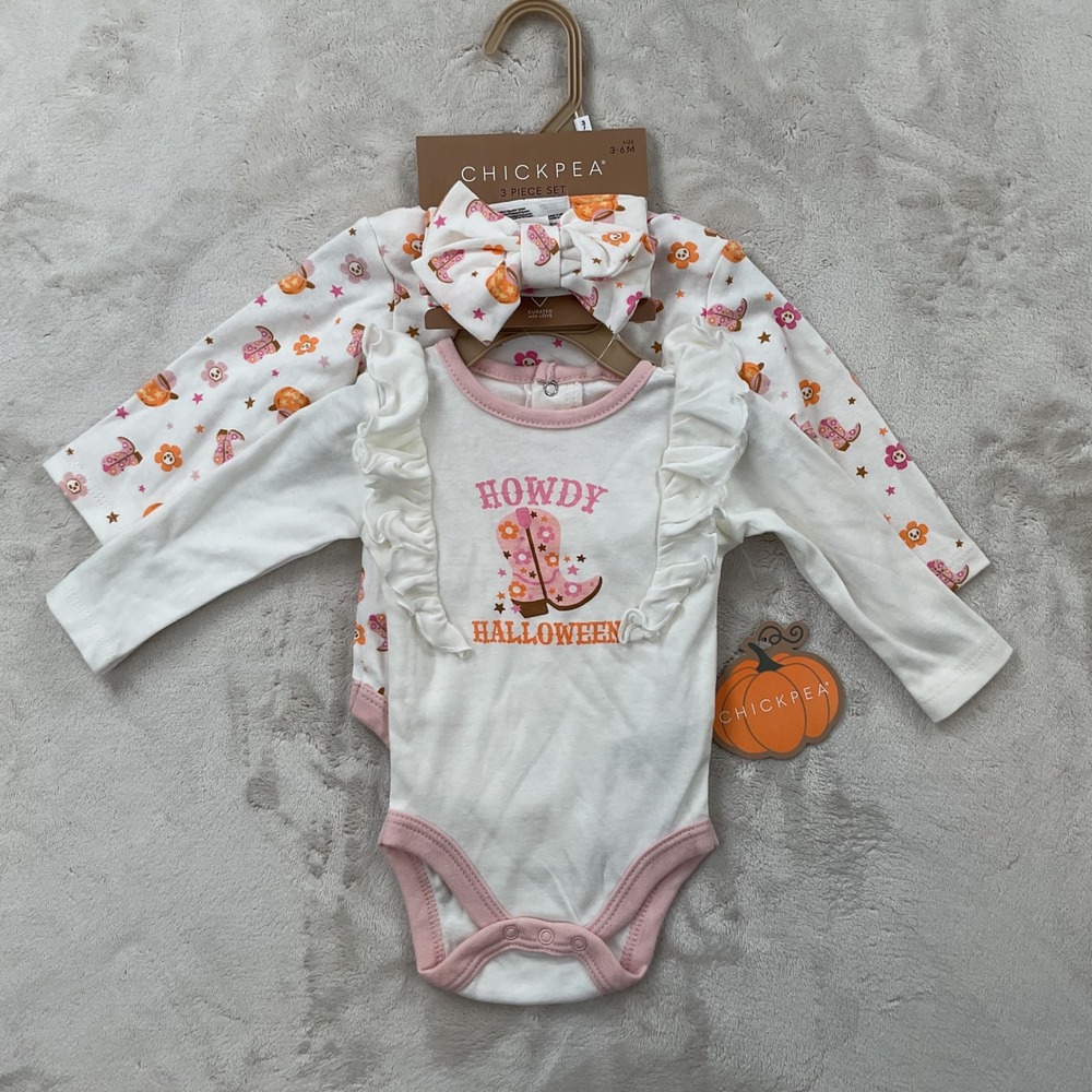 Chickpea Baby Girls 3PC Howdy Halloween Bodysuit Set Cowboy Boot Pink 3-6M NEW